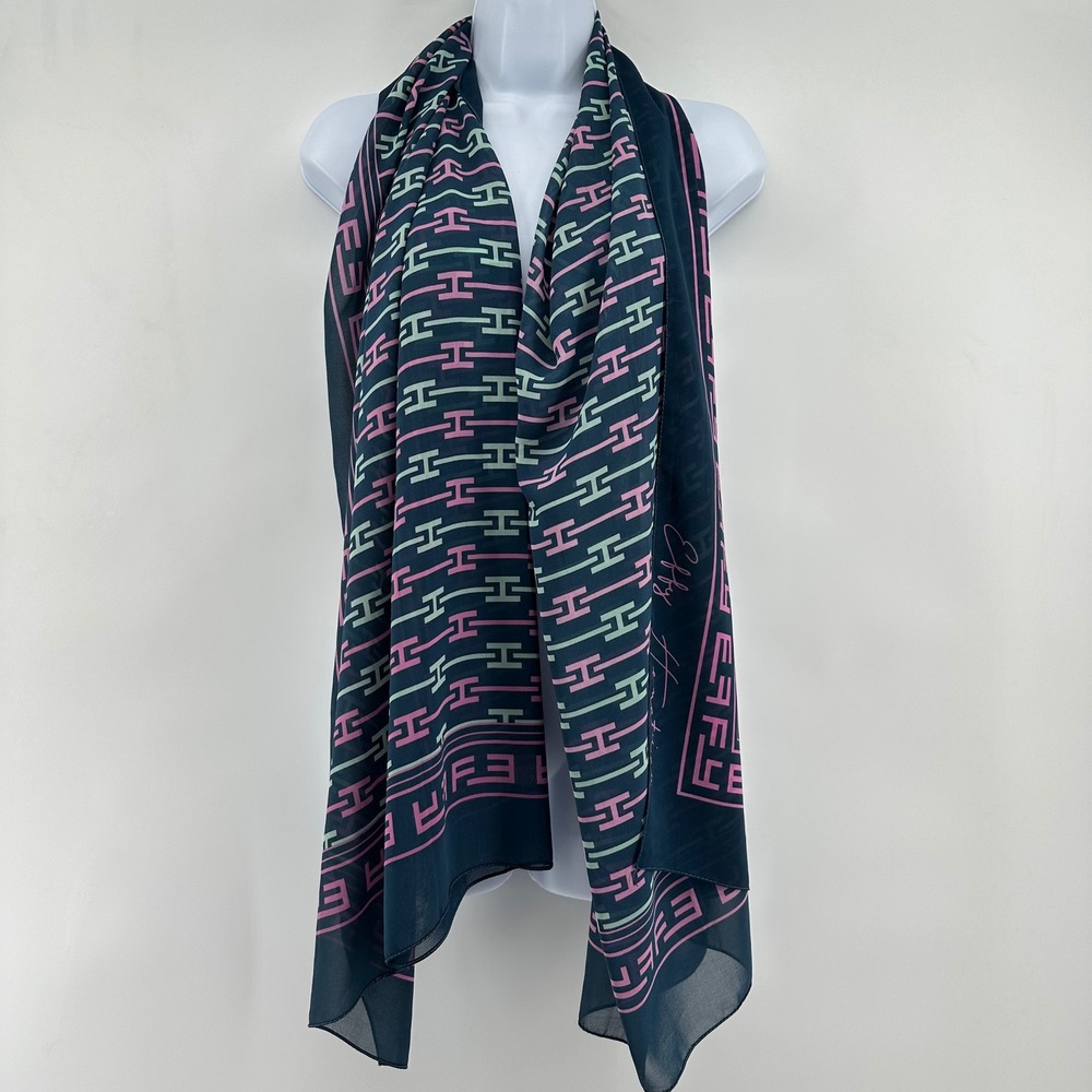 Effy Hematian Scarf Women OS Navy Blue Pink Geometric Logo Print Wrap